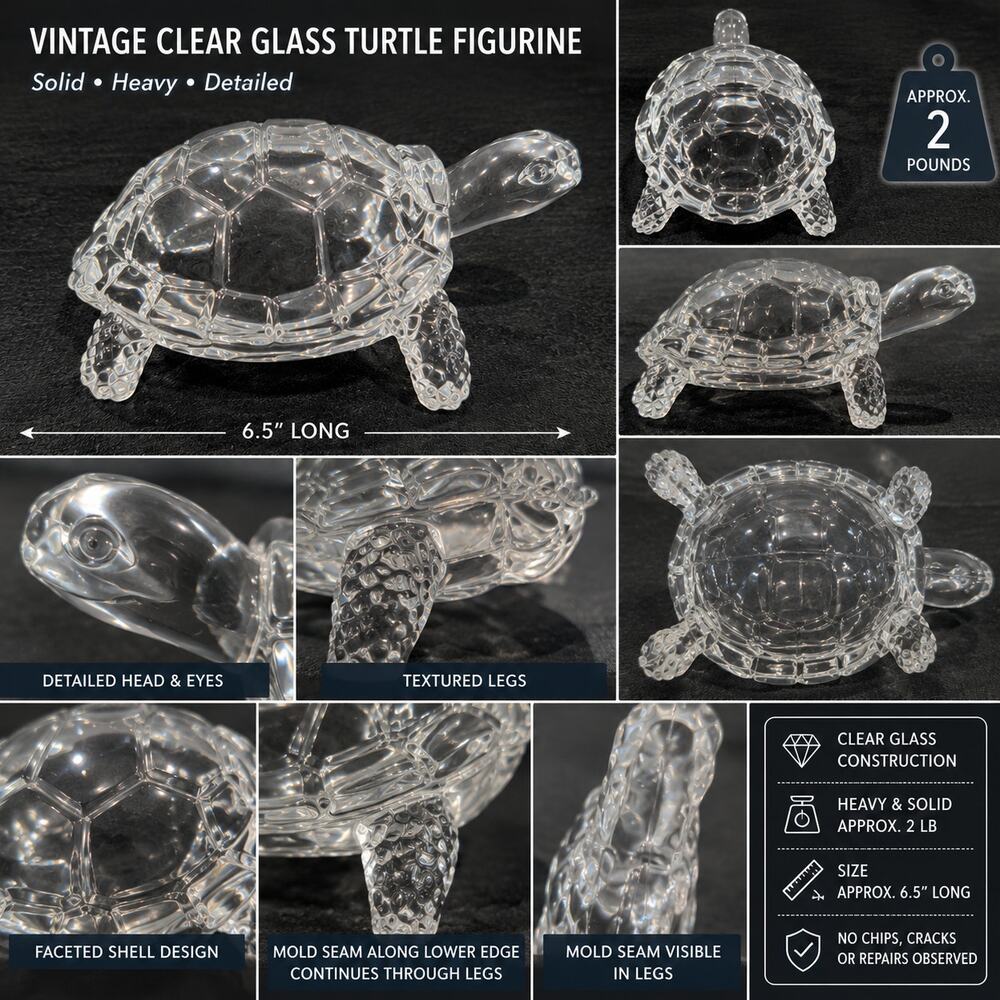Vintage Clear Glass Turtle Figurine Paperweight Heavy 6.5" Animal Sculpture